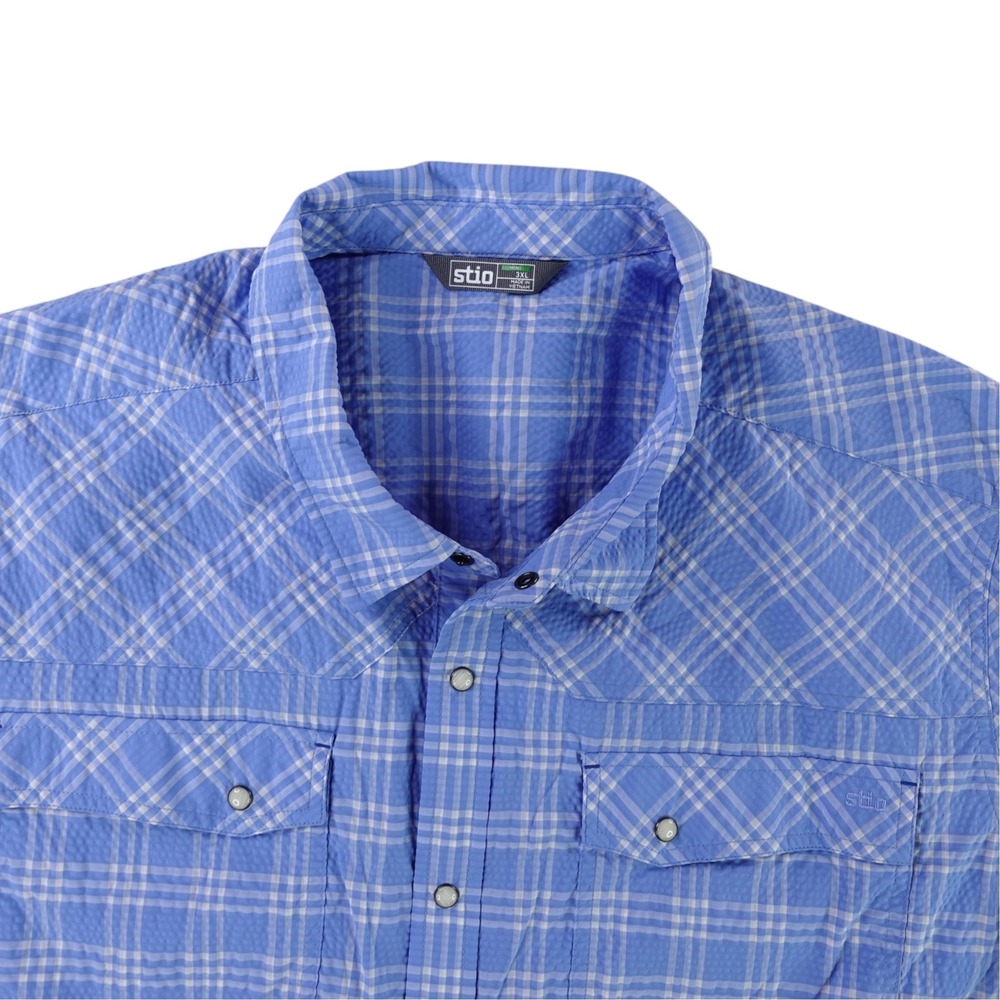 Stio Eddy Shirt Men 3XL Blue Plaid Short Sleeve Snap Button Western Outdoor